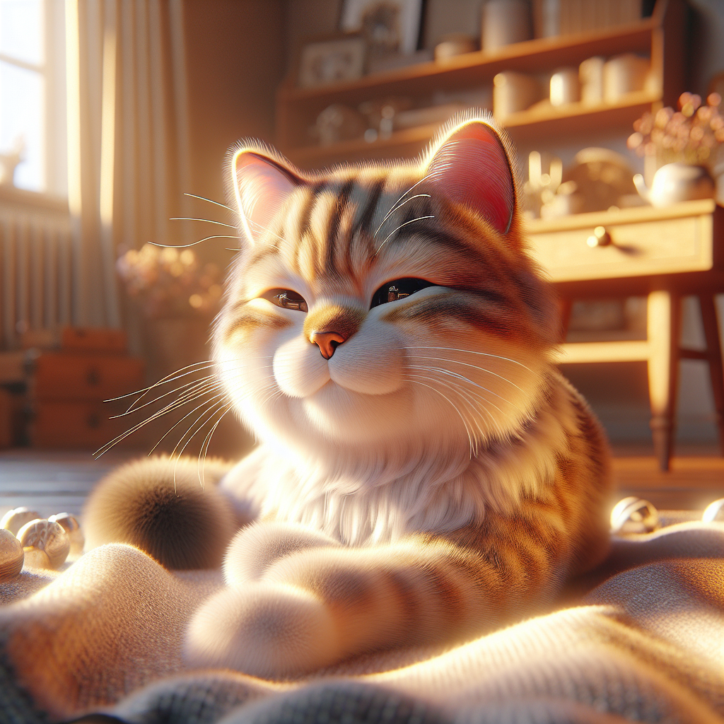 Fluffy tabby cat sunbathing on a window sill