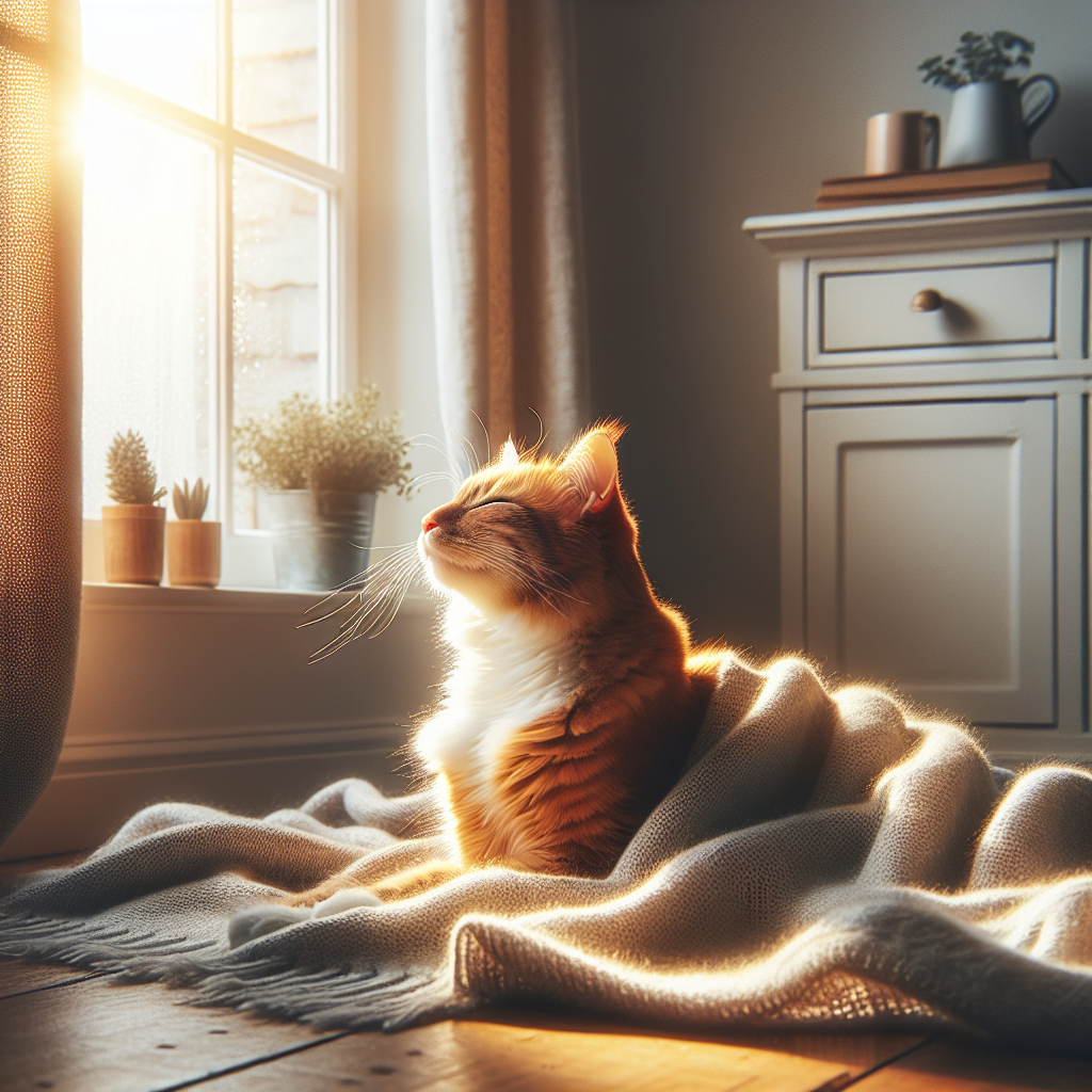 A curious tabby cat peeking through a garden with morning sunlight.