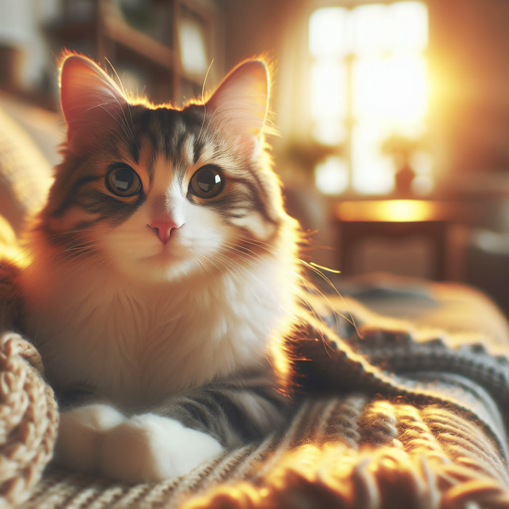 A tabby cat basking in the morning sun in a garden.