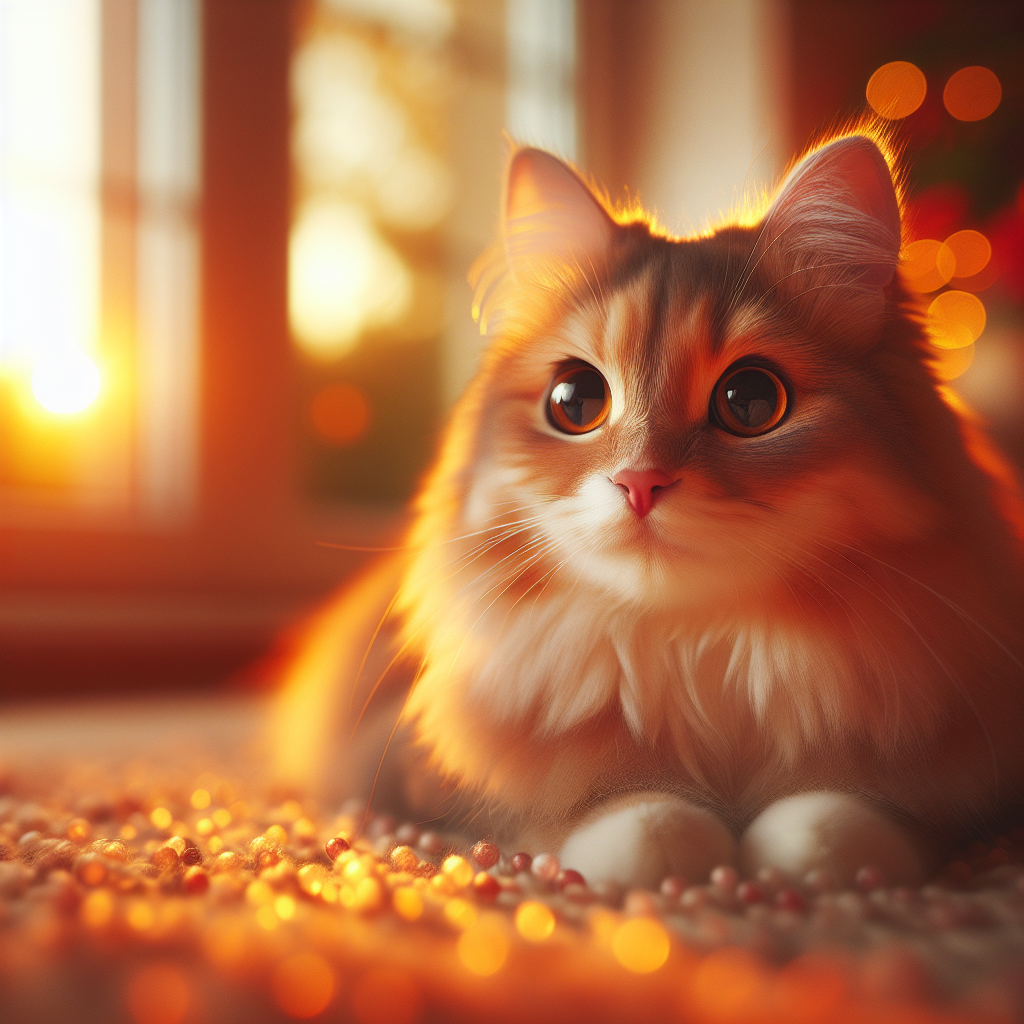 Fluffy tabby cat exploring a moonlit garden.