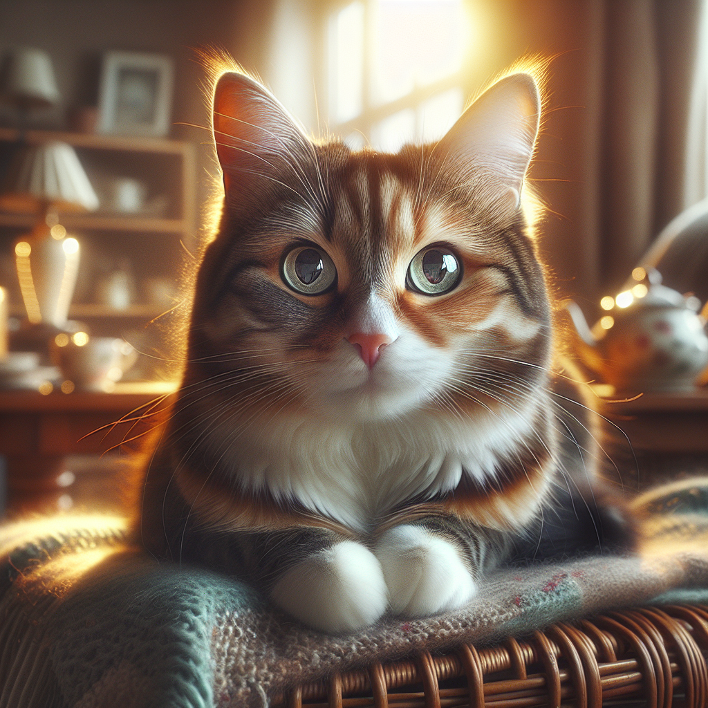 Tabby cat basking in the morning sunlight by a window.