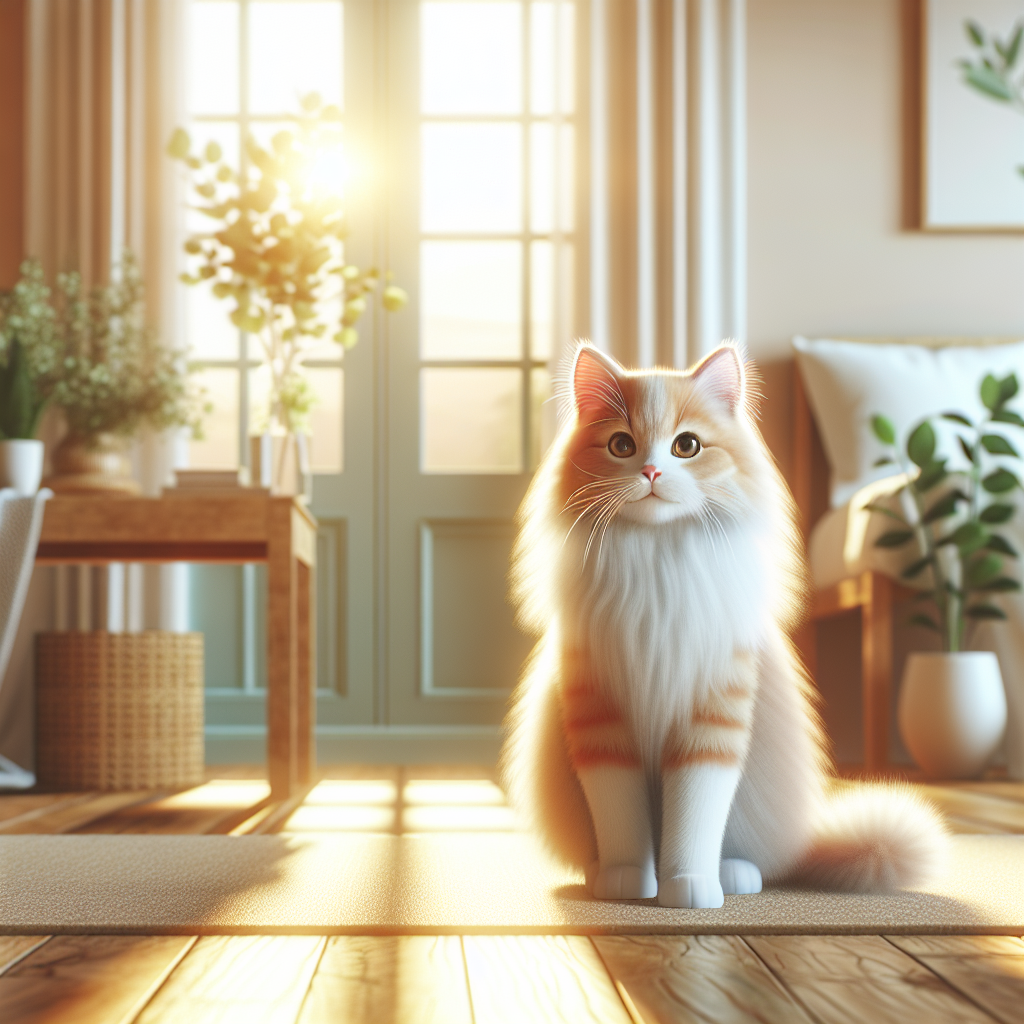 A fluffy tabby cat with green eyes basking in the sun.