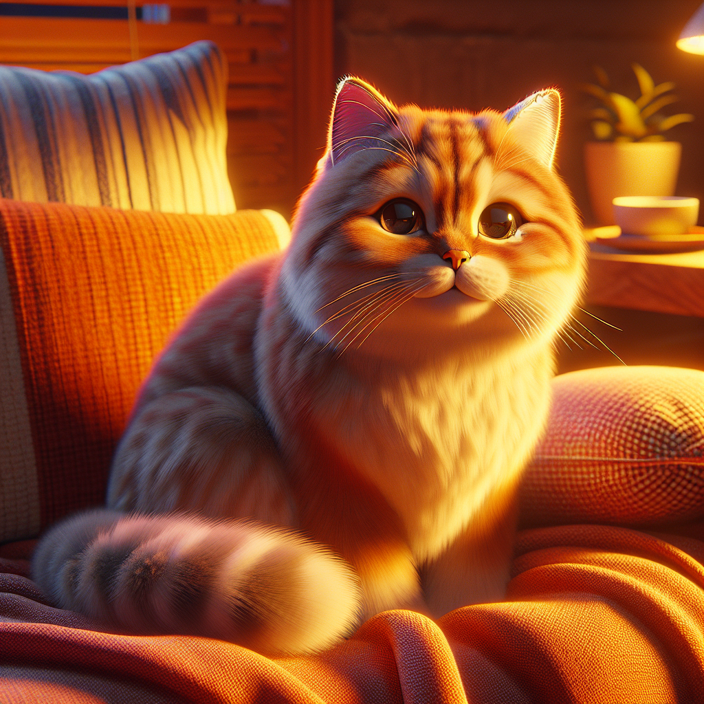 A tabby cat with a bushy tail exploring a garden under twilight skies.