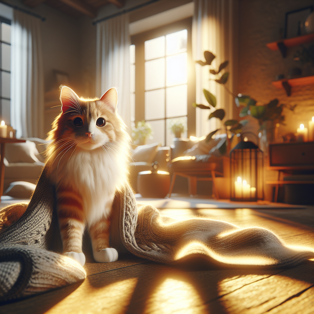 Fluffy tabby cat stretching in morning sunlight