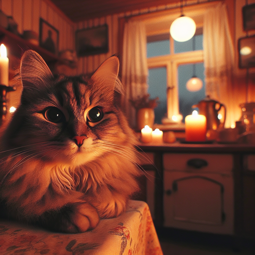 A curious cat exploring a garden at twilight.