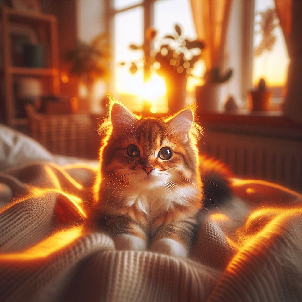Tabby cat enjoying breakfast on a sunny kitchen floor.
