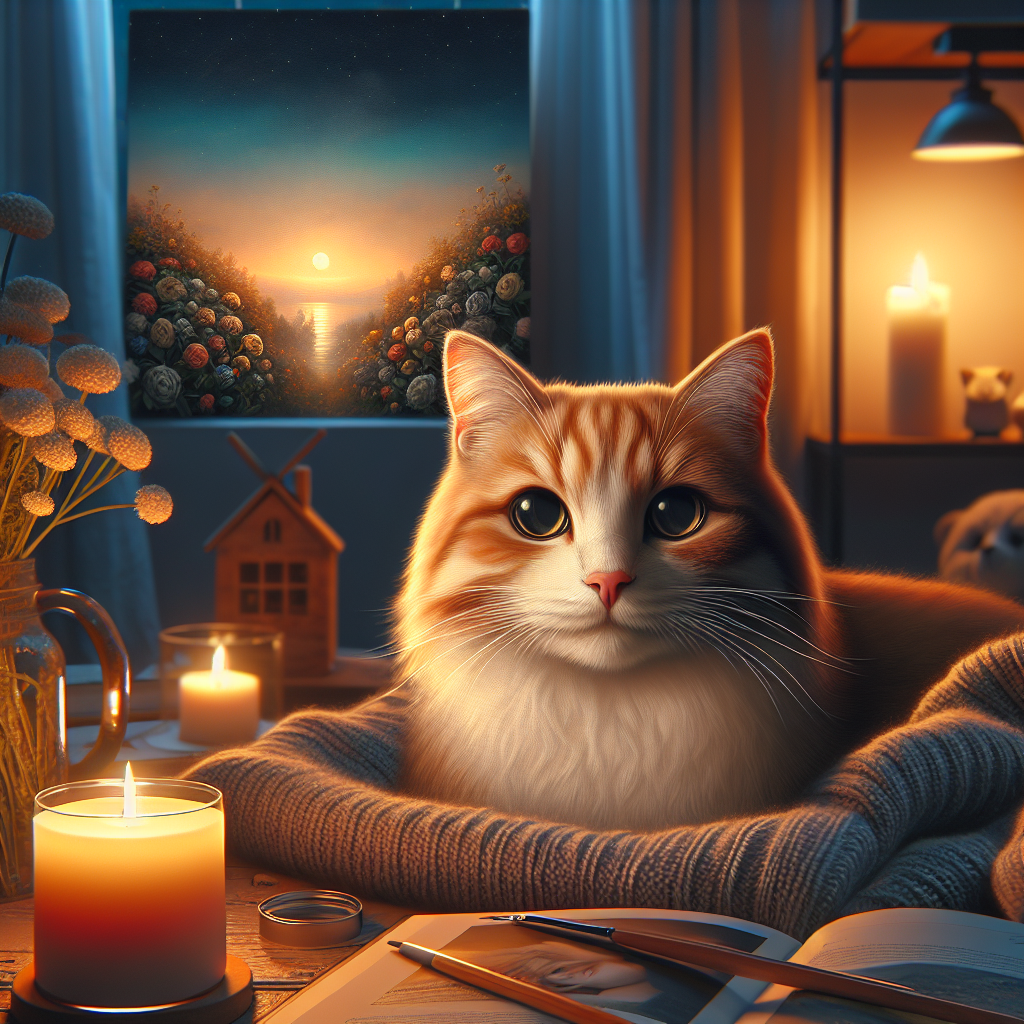 A fluffy tabby cat exploring a moonlit garden