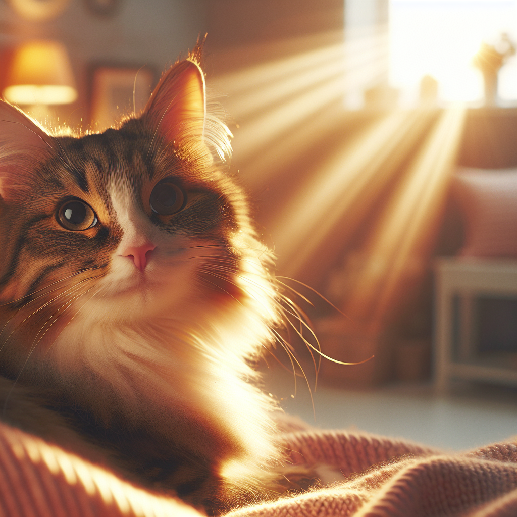 A tabby cat basking in morning sunlight by the window.