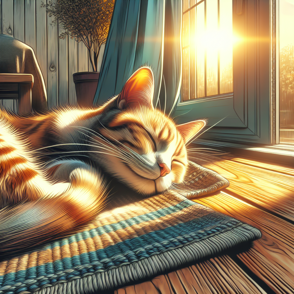 Tabby cat basking in a sunbeam on the floor.