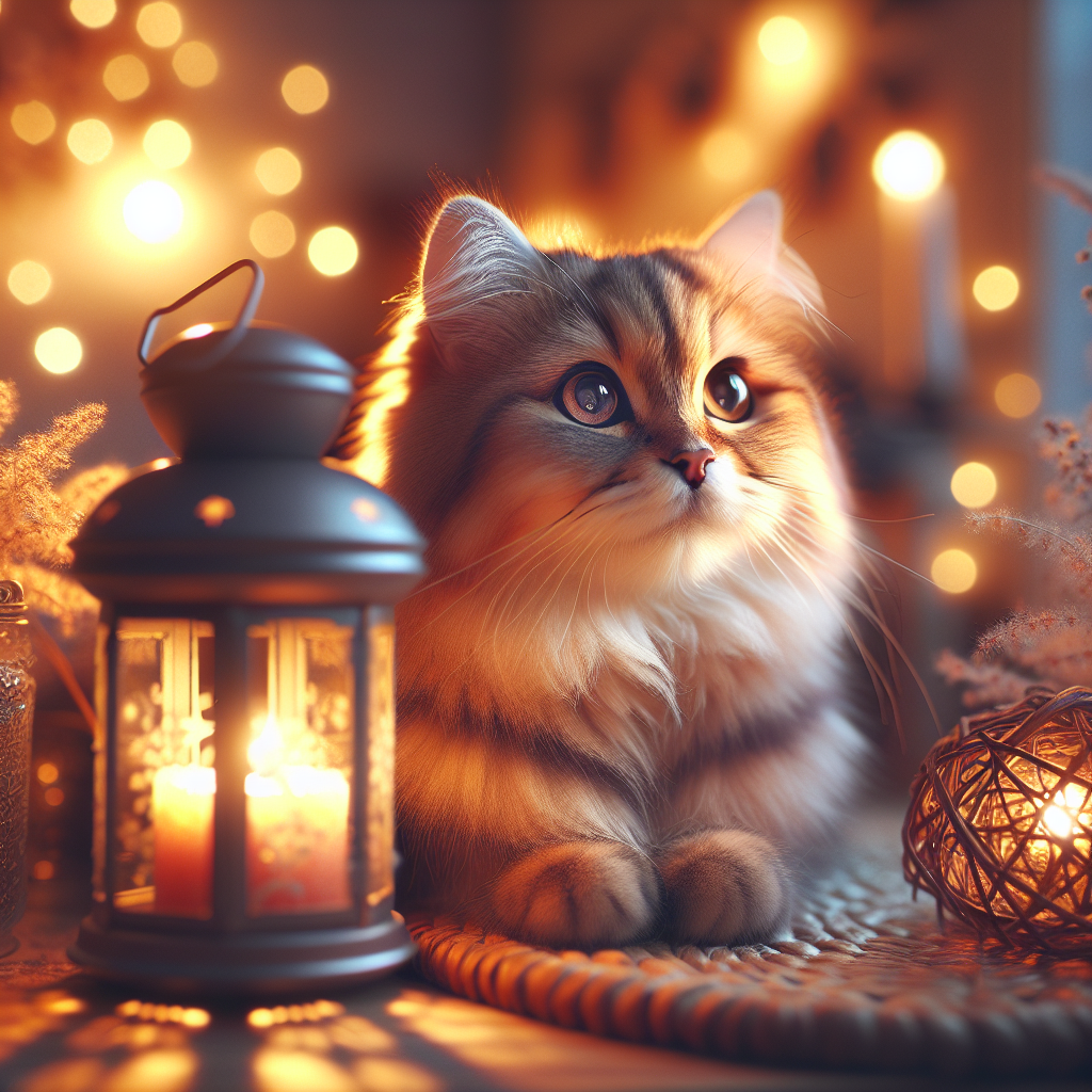 A tabby cat in a moonlit garden with fireflies.