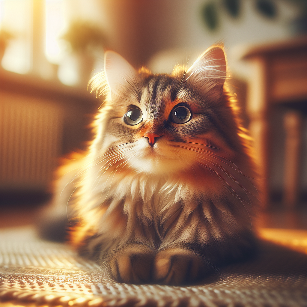 Fluffy tabby cat basking in sunlight by a window