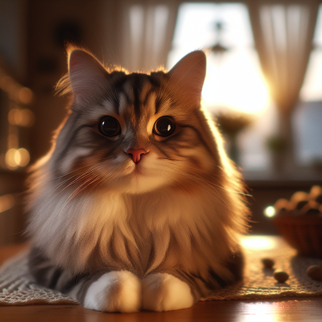 A fluffy tabby cat exploring a moonlit garden.