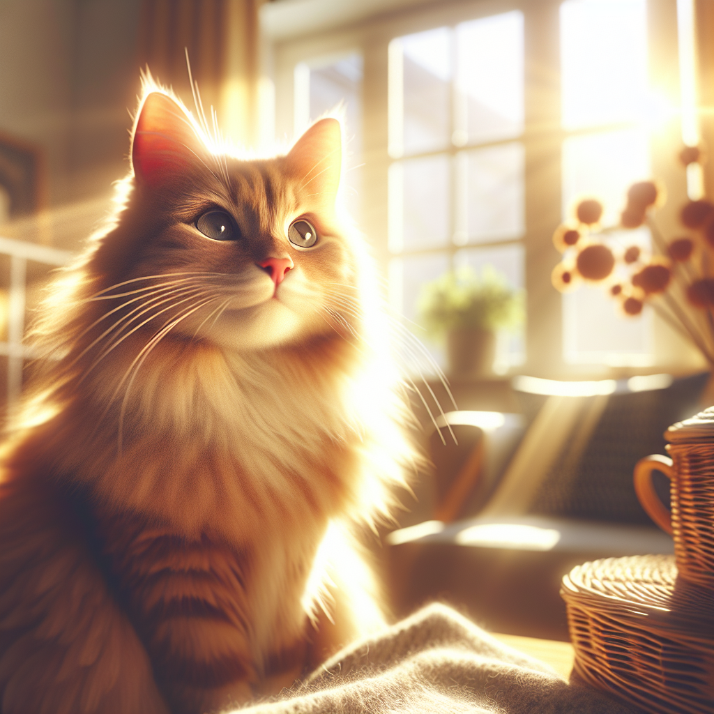 Cat basking in the sunbeam on a cozy carpet