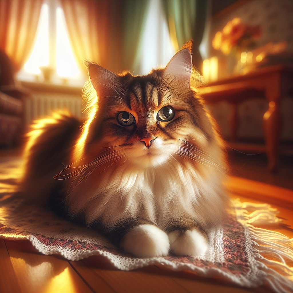 A fluffy tabby cat napping in a sunlit patch.