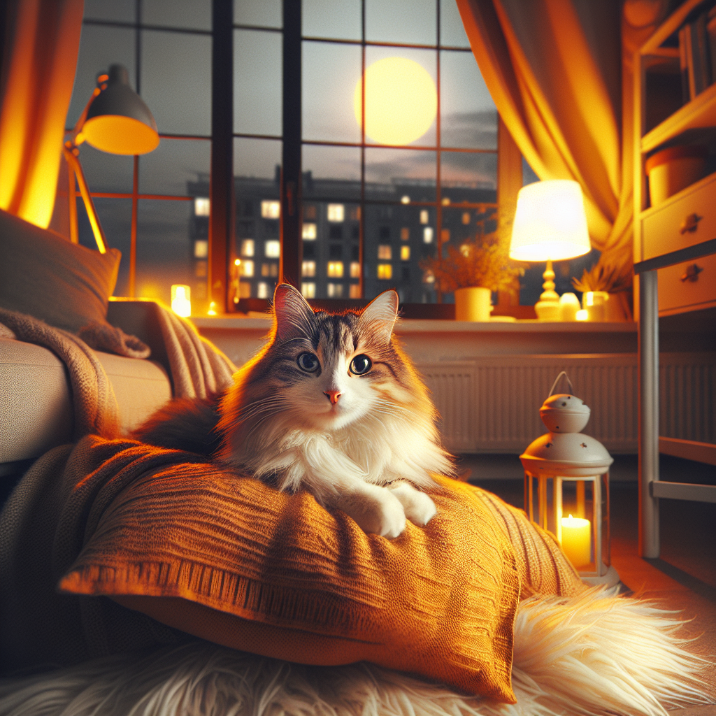 A tabby cat curled up by a warm fireplace.