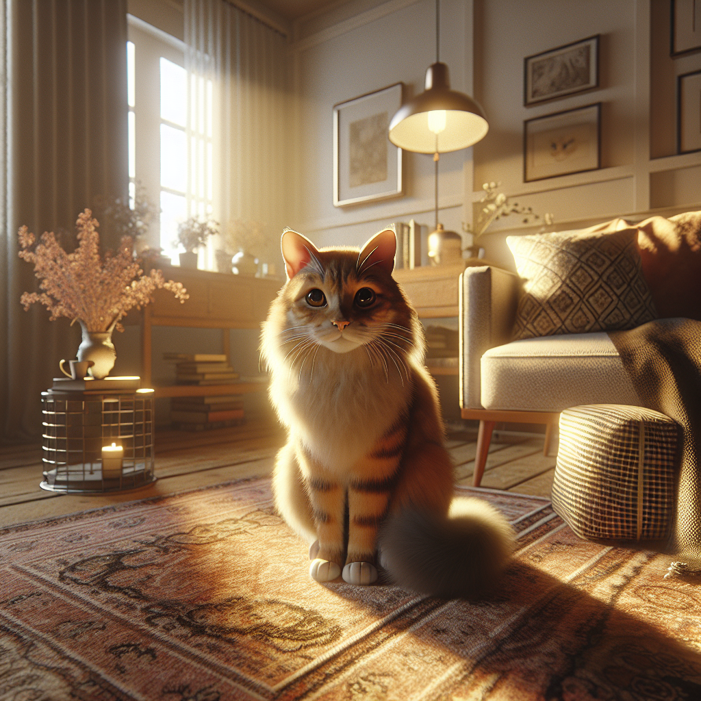 Fluffy tabby cat basking in morning sunlight