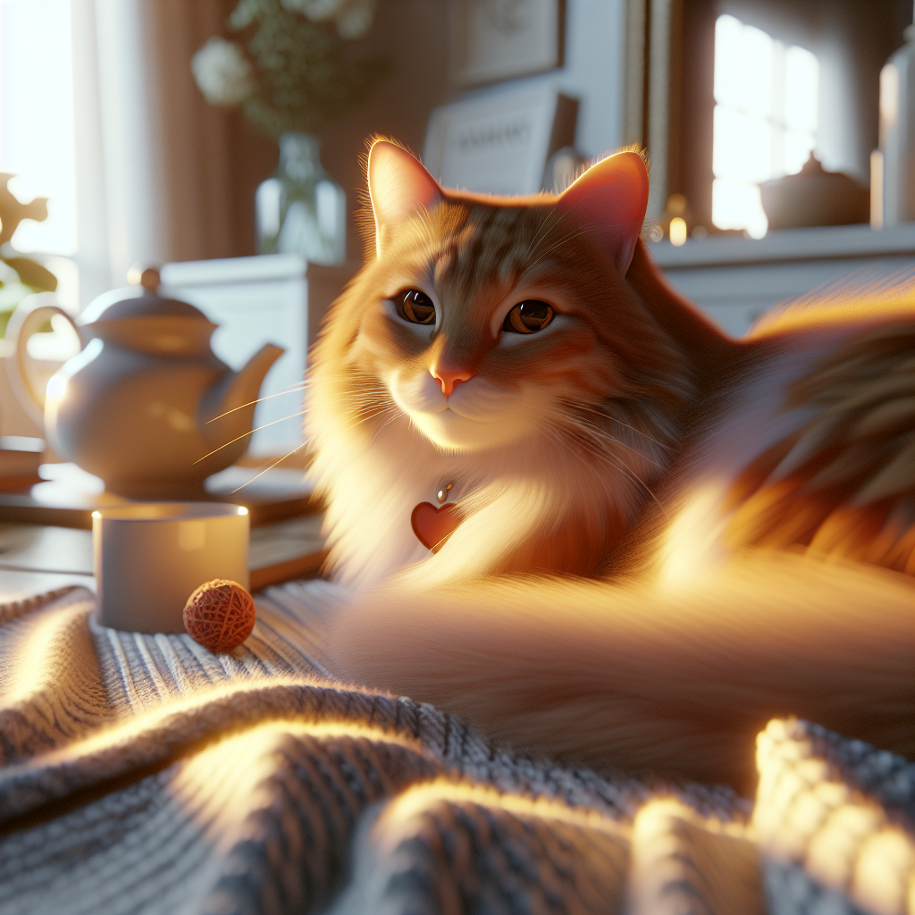 Tabby cat stretching in morning sunlight.