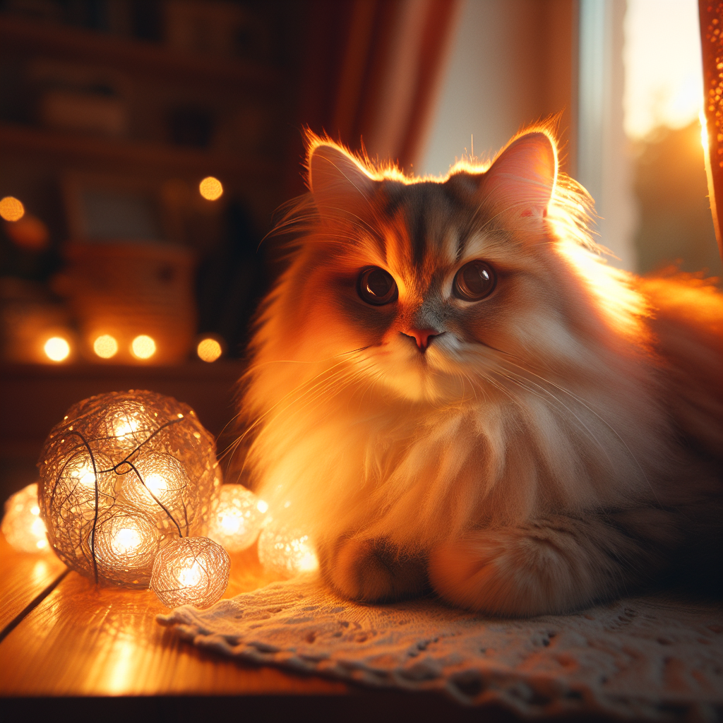 A fluffy tabby cat enjoying a sunset in a garden