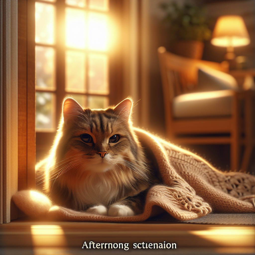 A tabby cat lounging by a sunlit window, looking content.