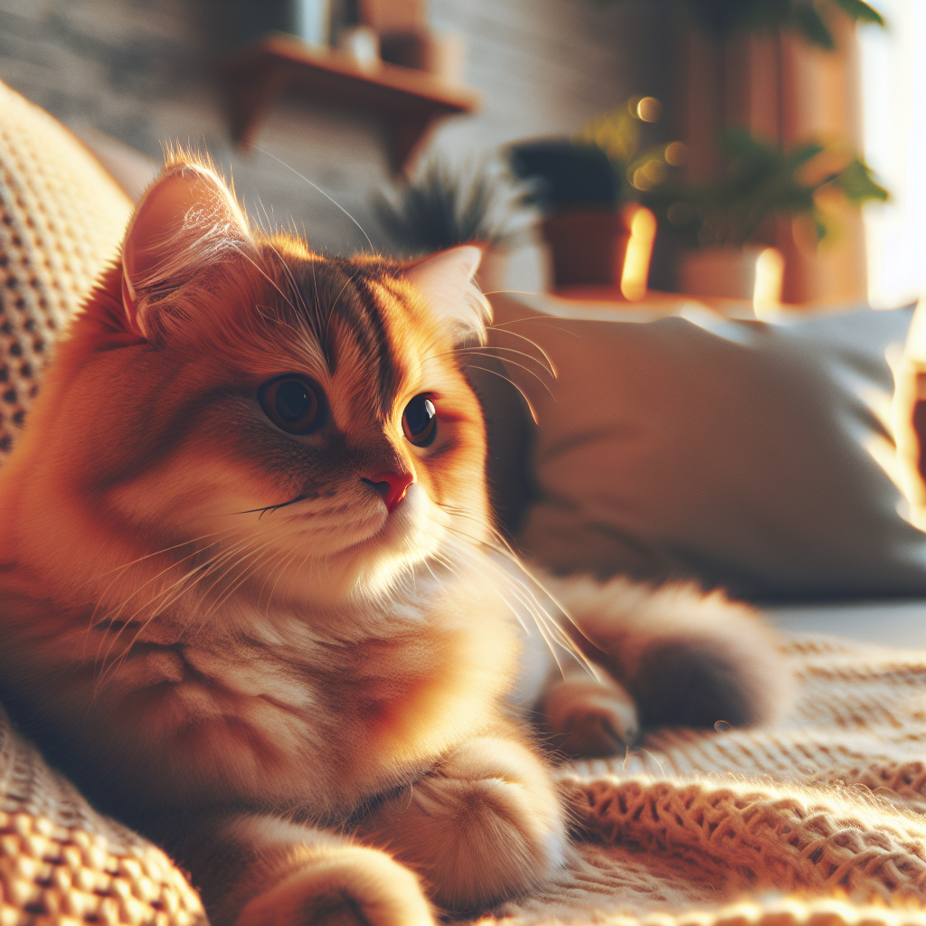 A fluffy tabby cat lounging by a sunny window.