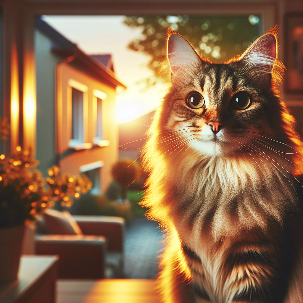 Ginger tabby cat watching sunrise through a window.