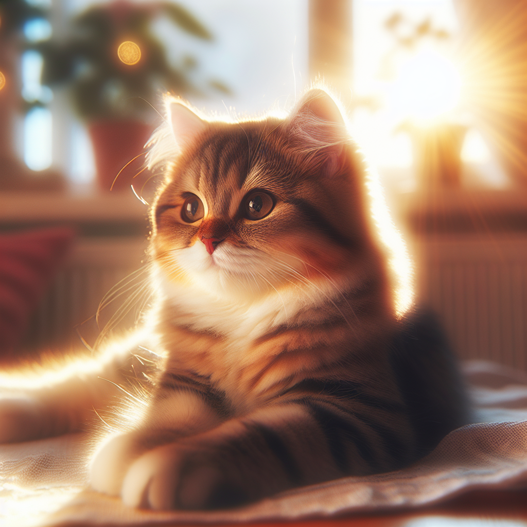 A fluffy tabby cat stretching in morning sunlight