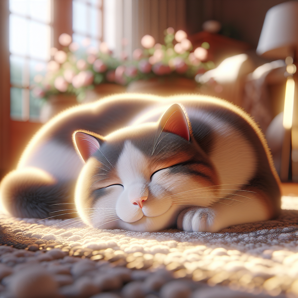 A tabby cat enjoying a sunny morning in a garden.