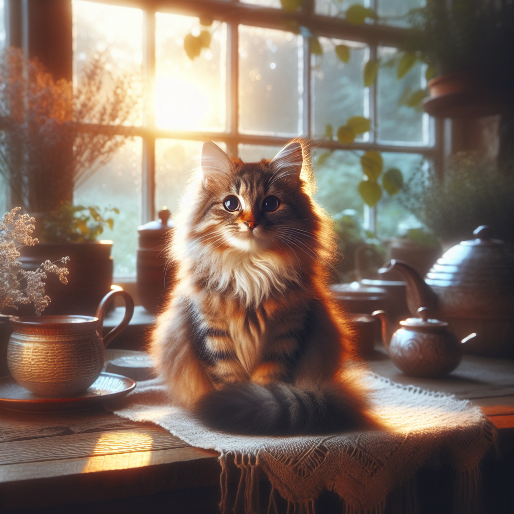 A tabby cat stretching on a windowsill with sunrays.