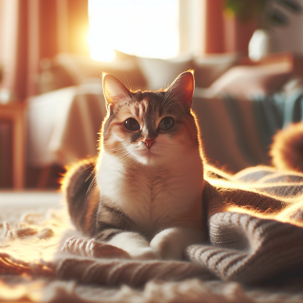 Cat sitting in a sunbeam, looking content