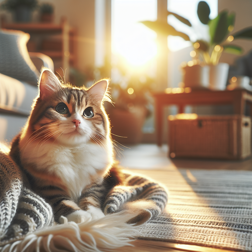 Fluffy tabby cat basking in morning sunlight.
