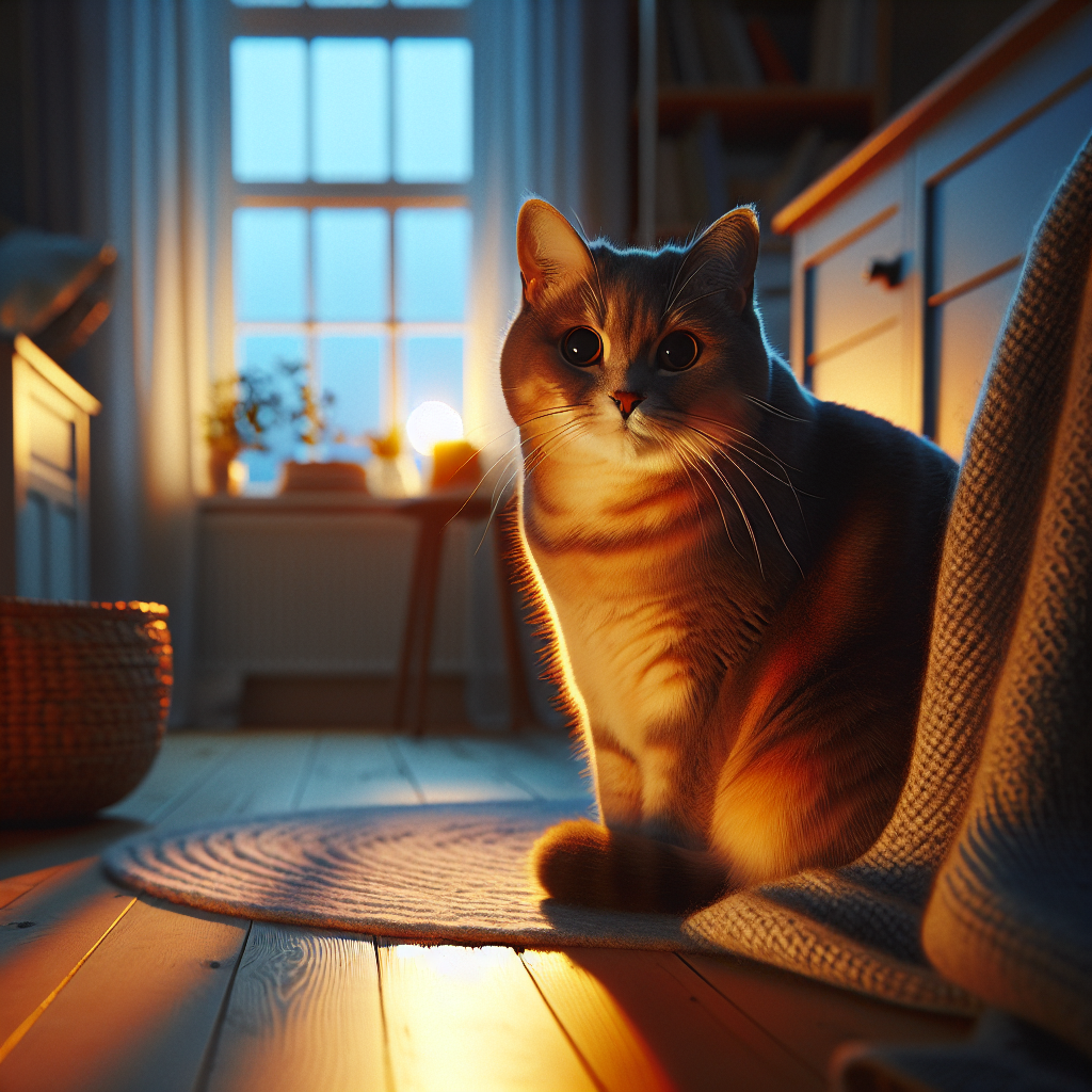 A gray tabby cat exploring a garden at twilight