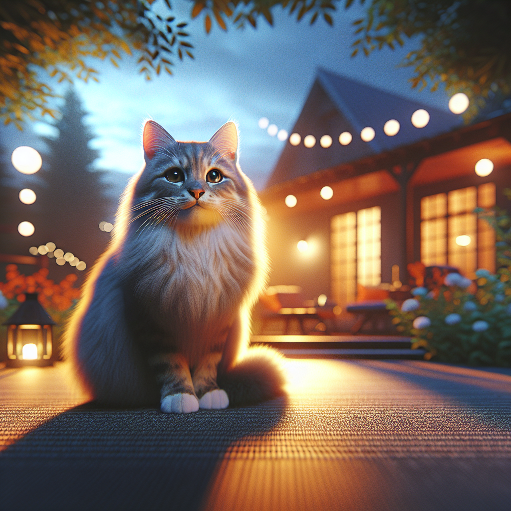 Tabby cat exploring a moonlit garden.