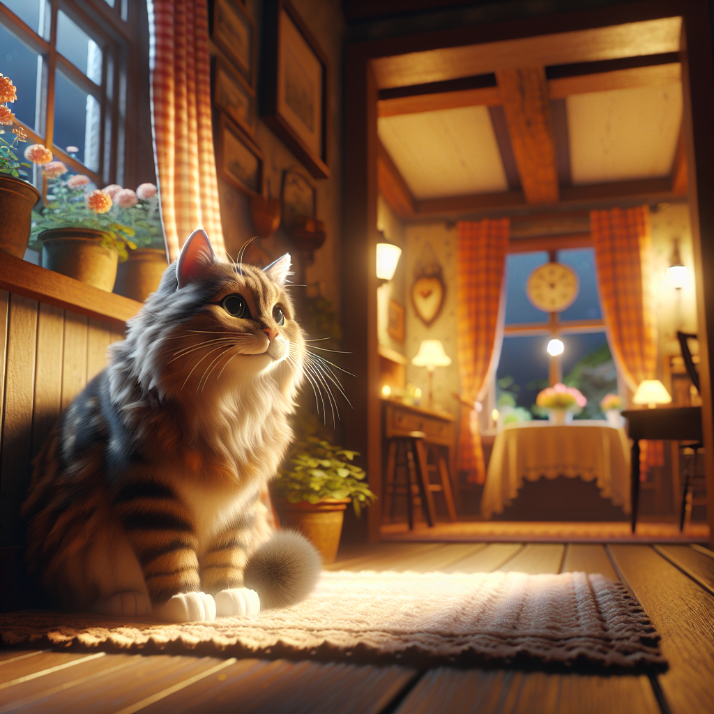 A tabby cat exploring a moonlit garden