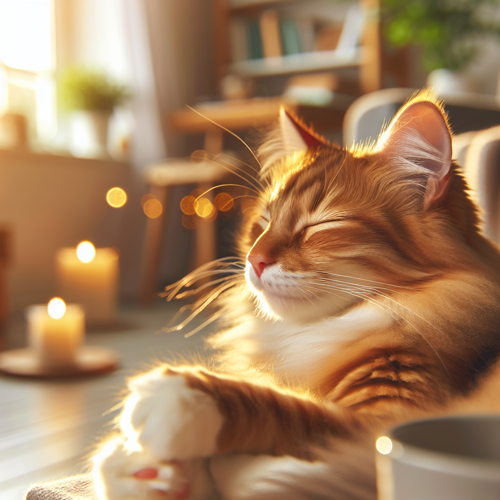 A tabby cat lounging by a sunny window, looking content.