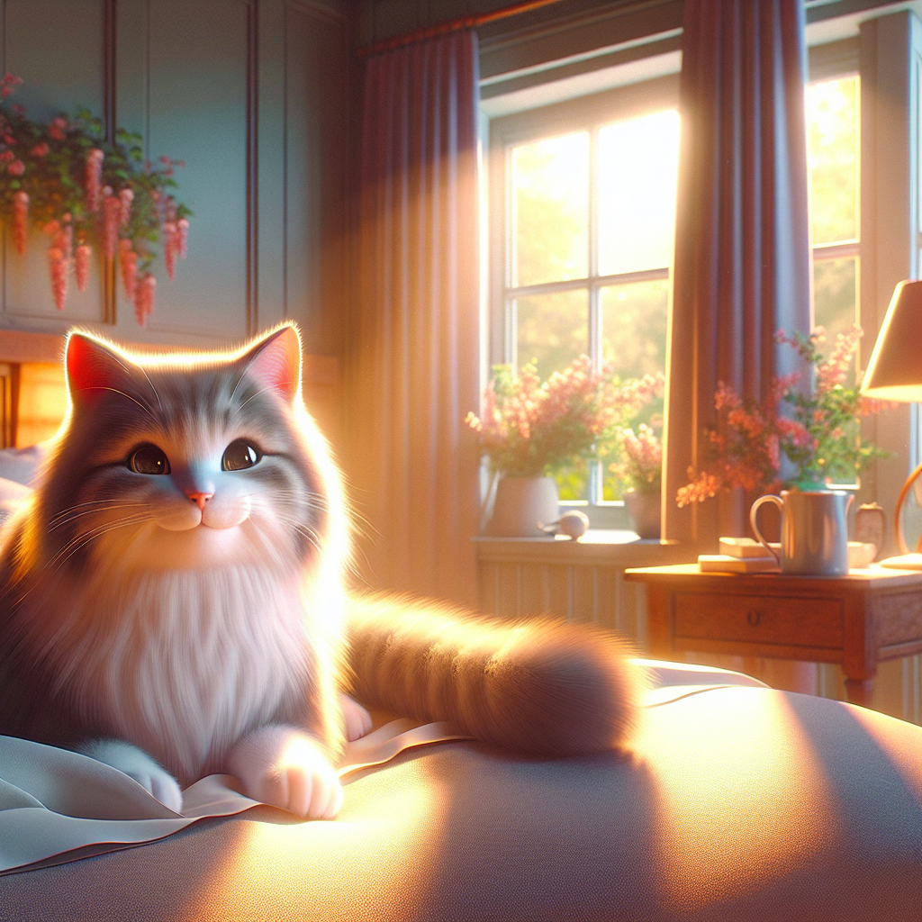 A fluffy tabby cat basking in a sunbeam on a carpet.