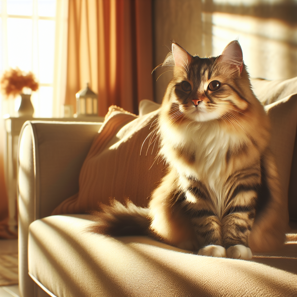 A fluffy calico cat napping in a sunbeam on a wooden floor.