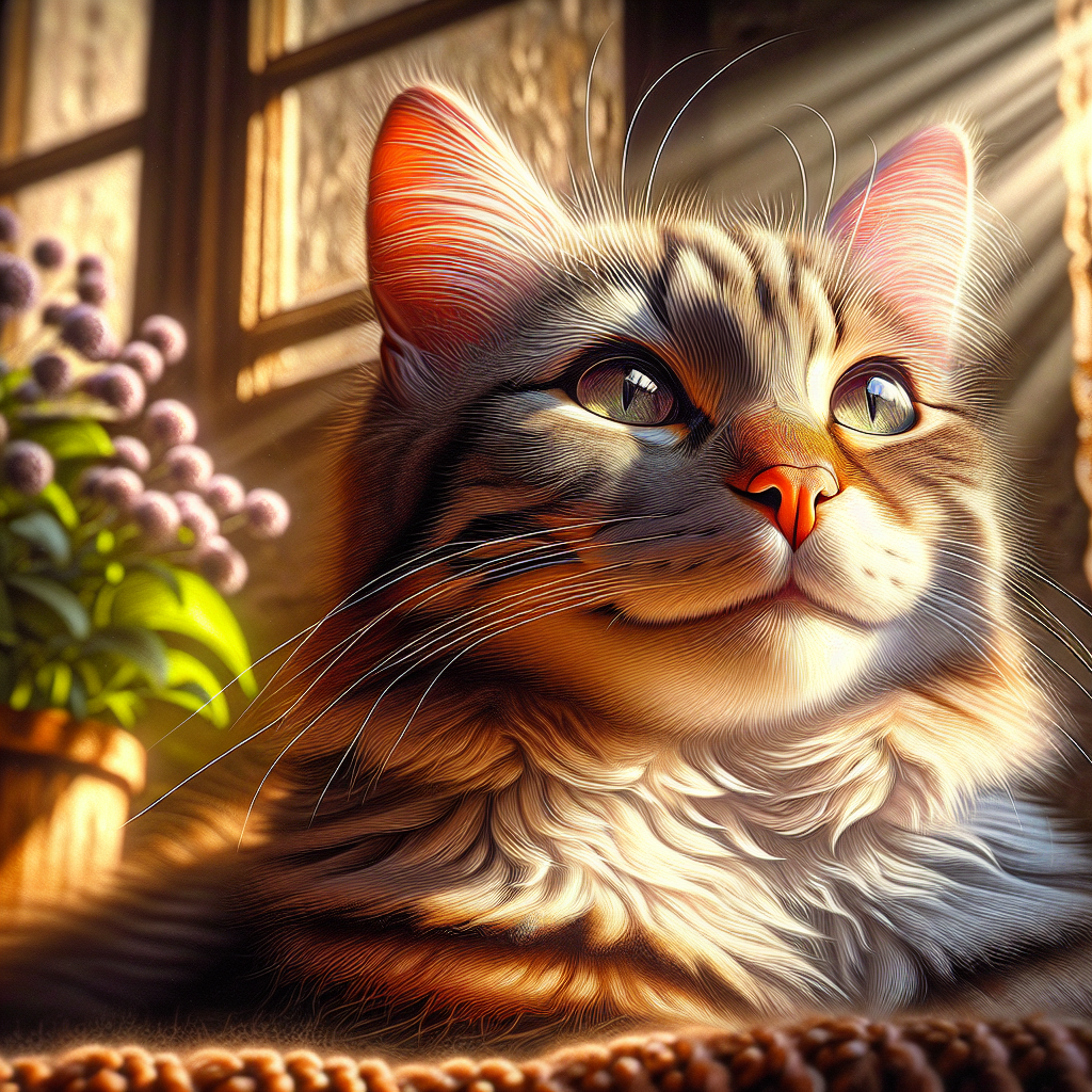 A fluffy cat basking in the morning sun on a windowsill.
