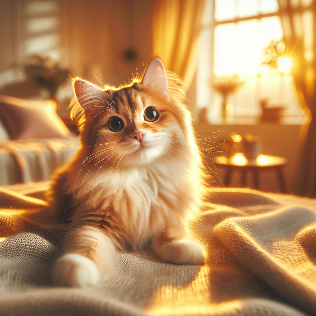 Fluffy tabby cat stretching by a sunny window.