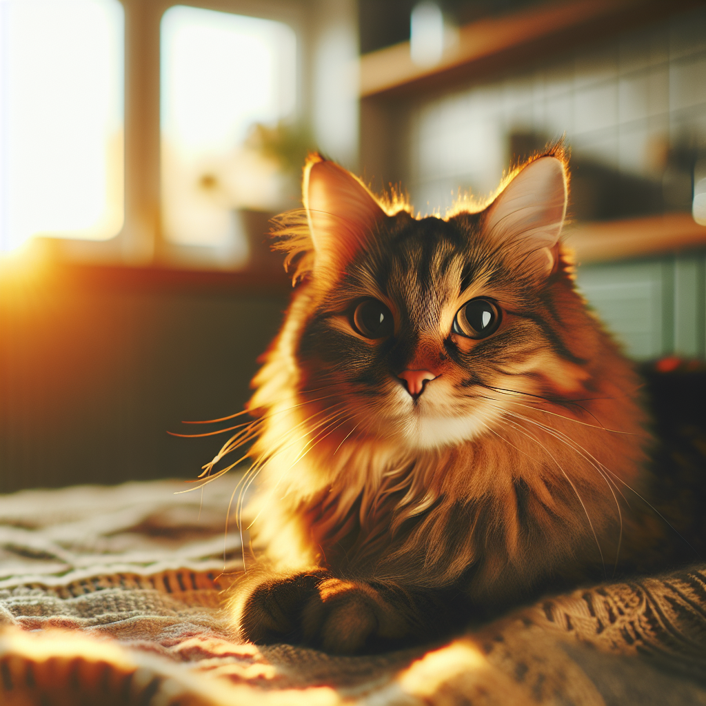 A tabby cat looking out a sunny window with a bowl of tuna nearby.