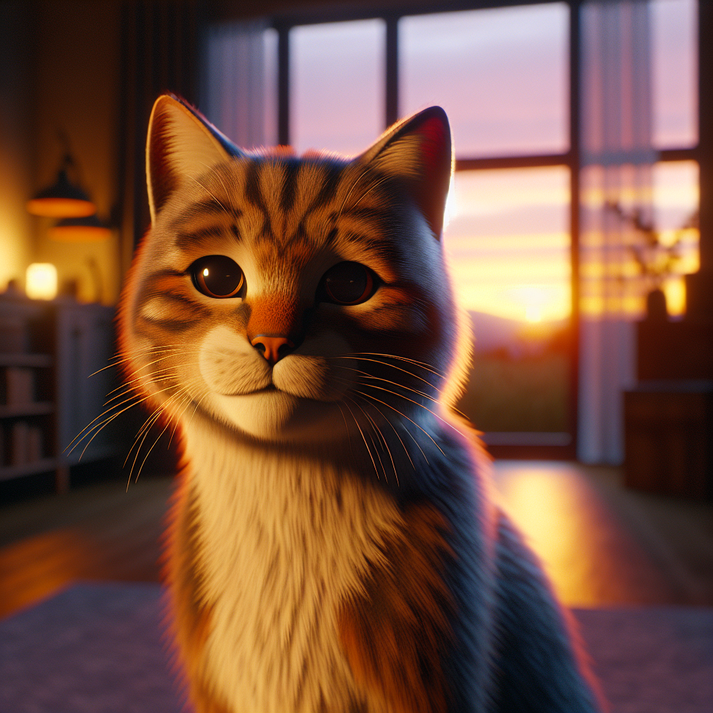 A tabby cat on an evening stroll, tail up.