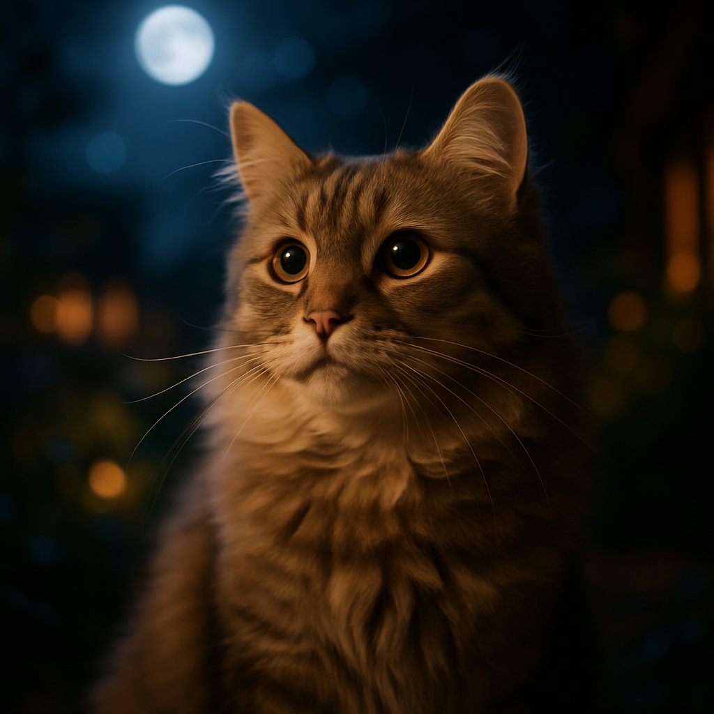 A tabby cat exploring a moonlit garden