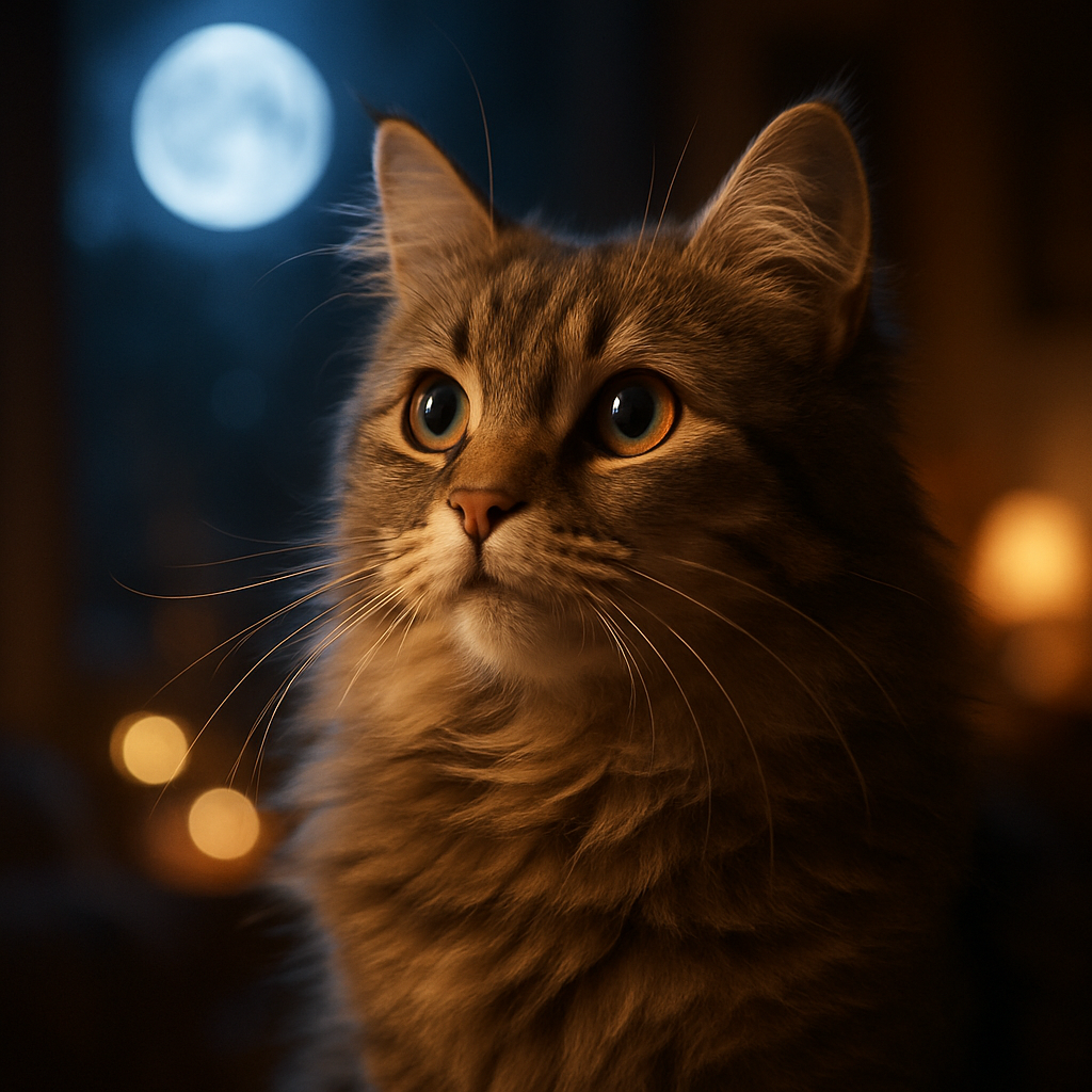 A tabby cat under moonlight with friends in a garden.