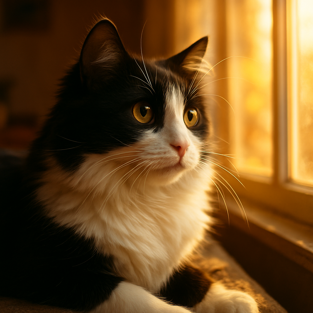 A curious black and white cat gazing out a sunny window.