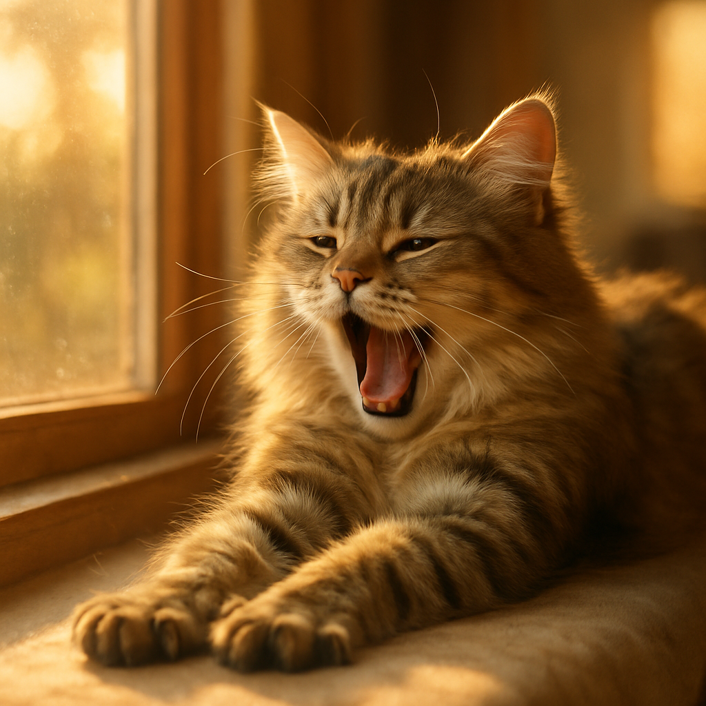 Cat stretching and yawning on a sunny windowsill