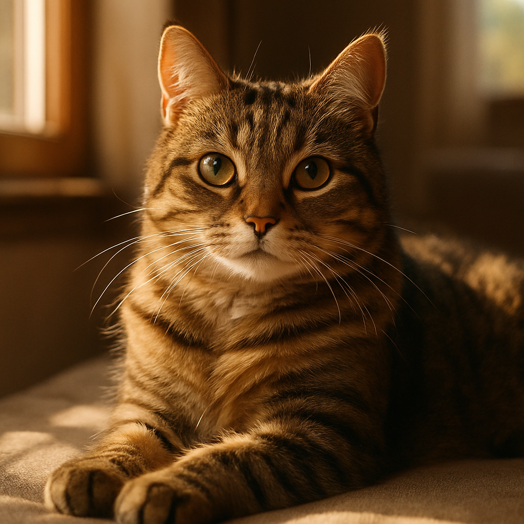 Content tabby cat lounging in a sunbeam by the window