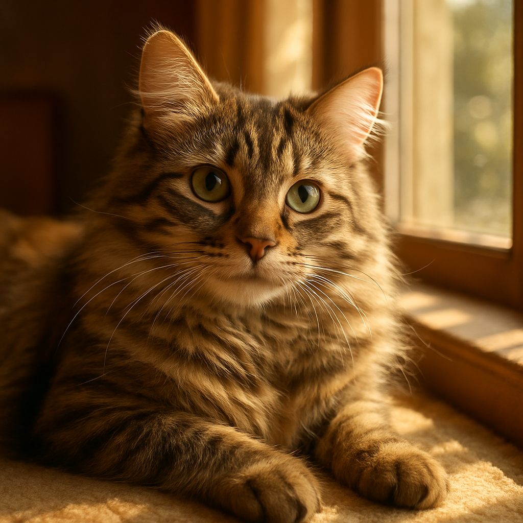 A tabby cat lounging in a sunny window spot.