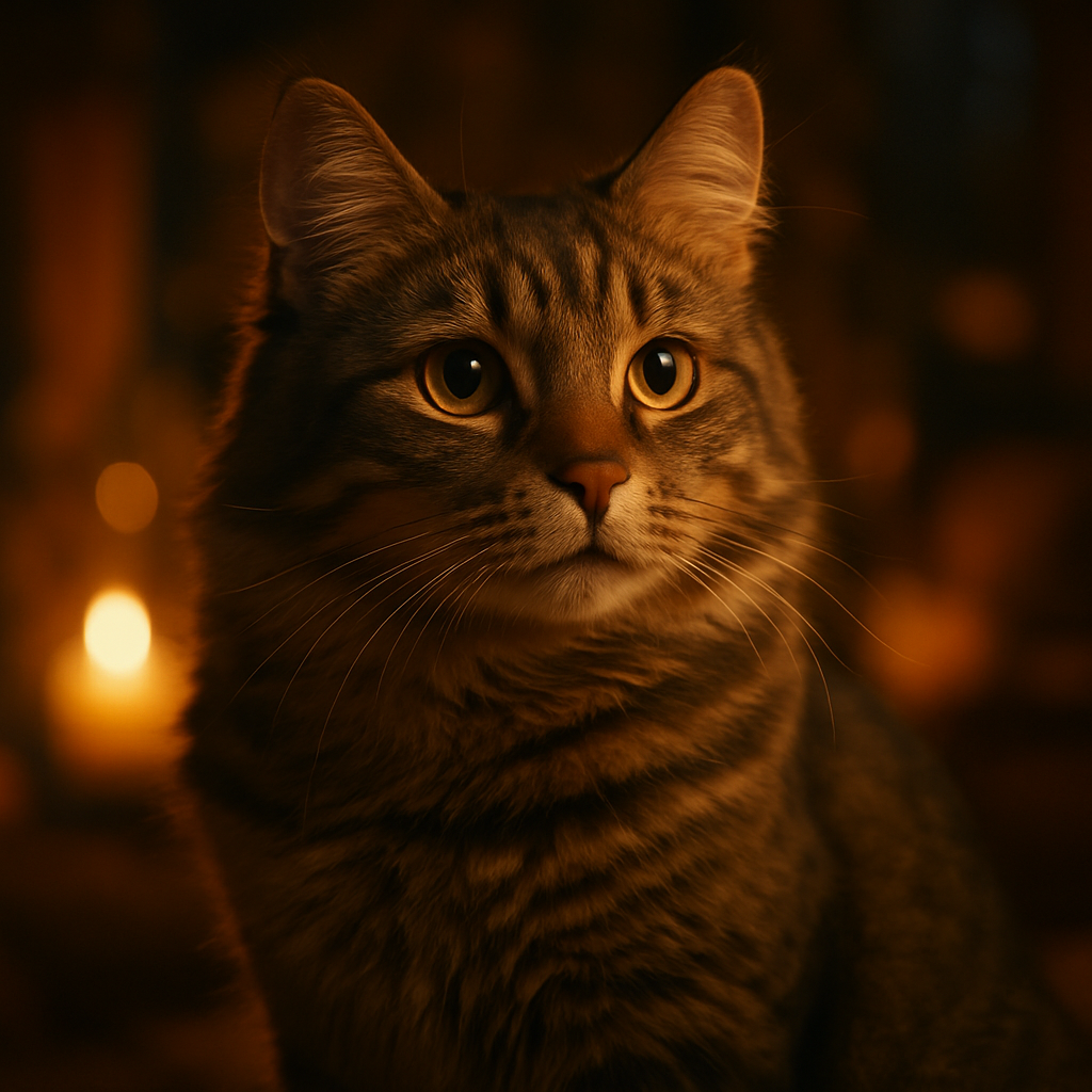 A curious tabby cat exploring a moonlit garden.
