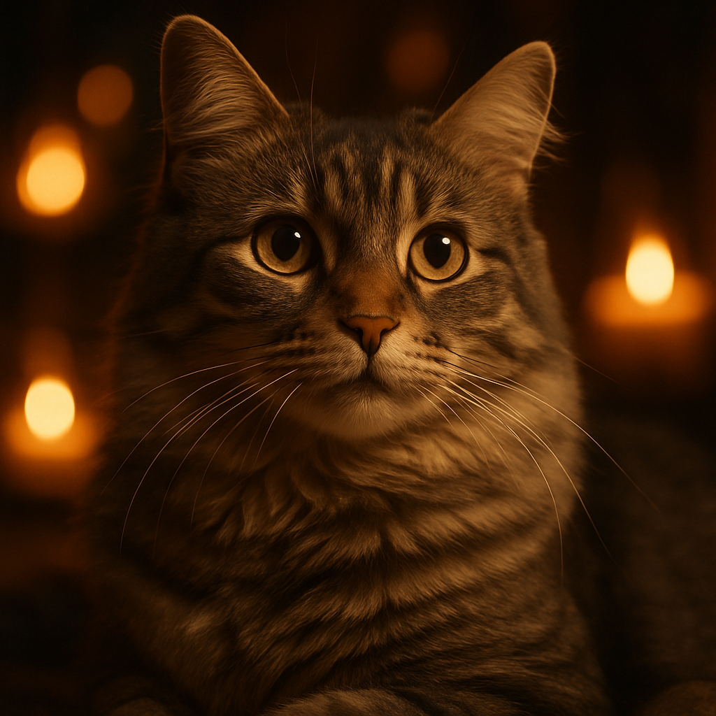 A silver tabby cat in a moonlit garden.