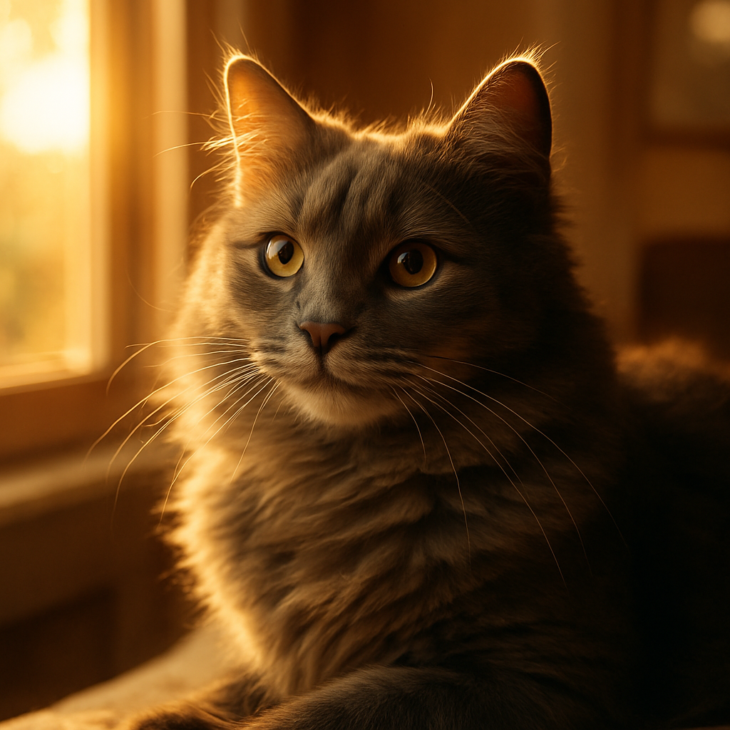 A gray cat basking in a sunbeam by a window