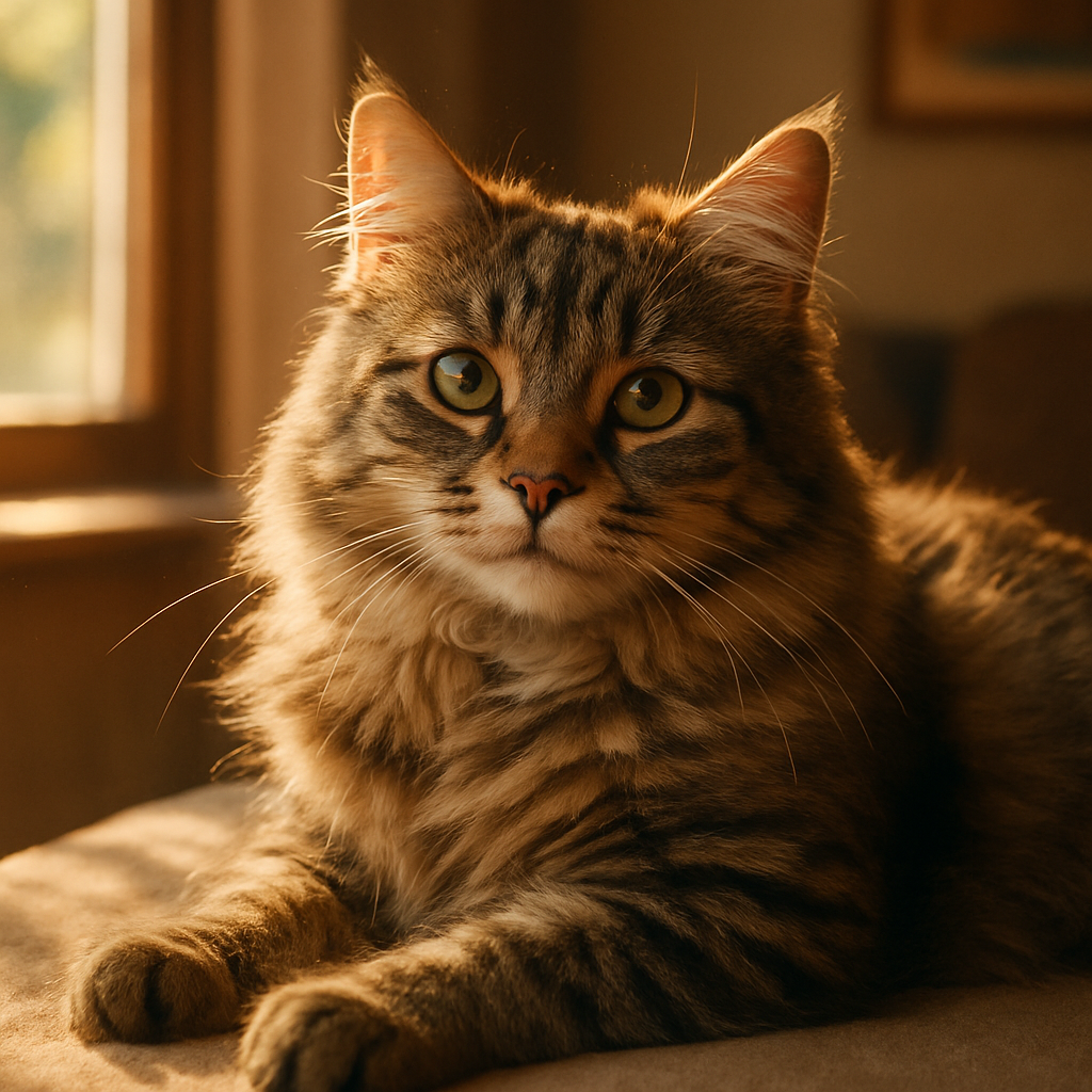 A fluffy tabby cat lounging in a sunbeam by a window.